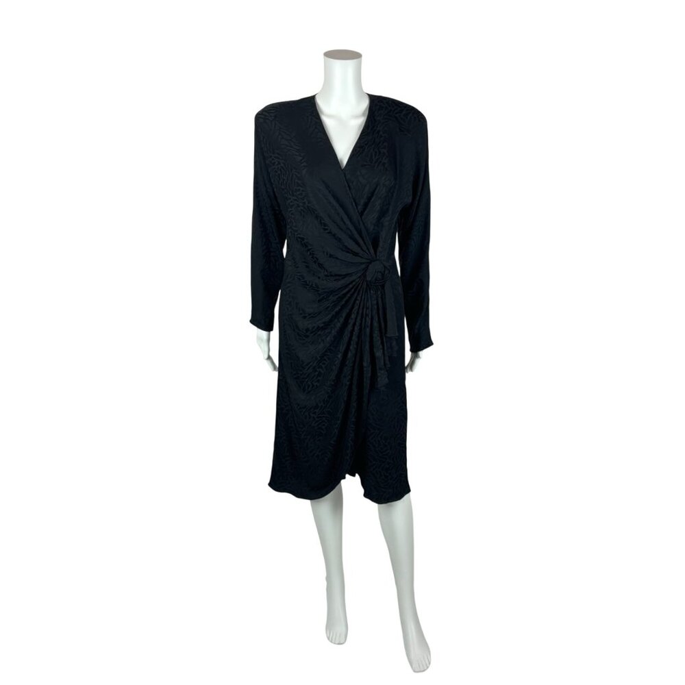 Vintage 80s Silk Dress Women's Large Black Long Sleeve Rosette Gathered Waist